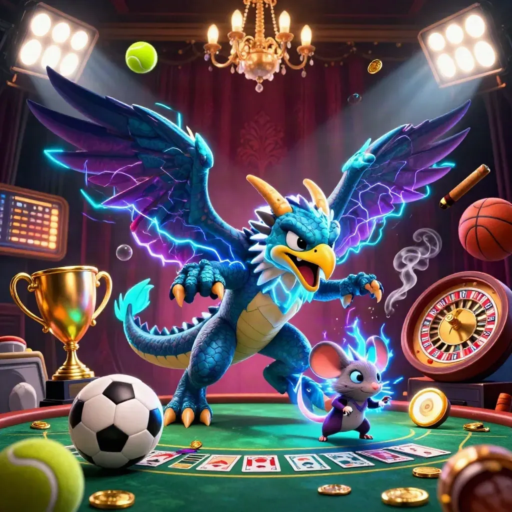 Dragon, hawk, and mouse amid casino lights, coins, roulette wheel, and glowing table.
