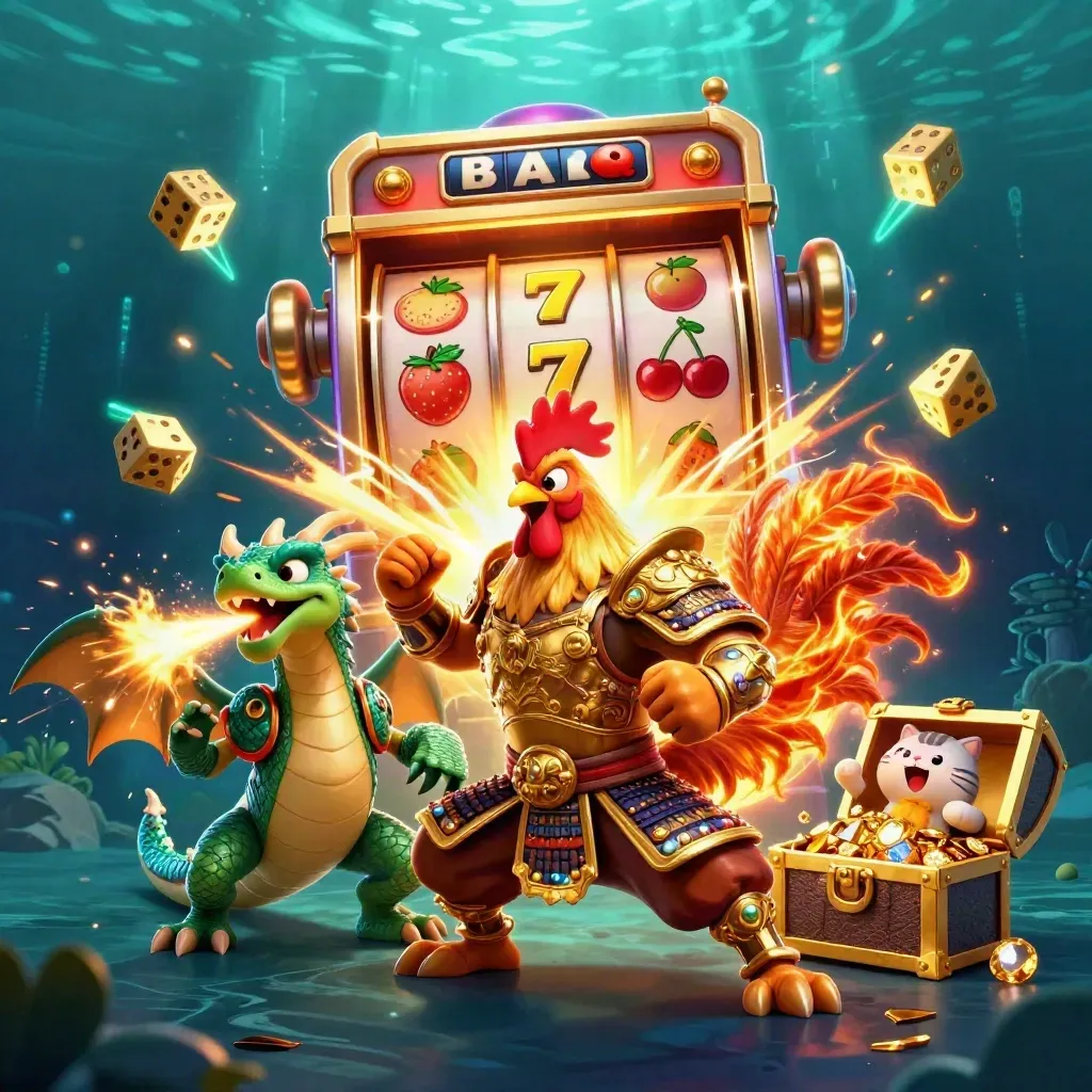 Rooster warrior, dragon hatchling, and fortune cat explode with casino treasure underwater.