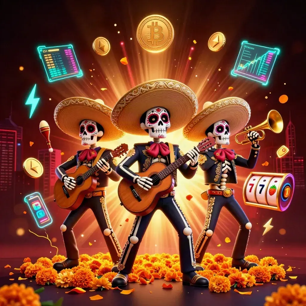 Three skeleton mariachi performers with coins, lightning, and slot symbols bursting in a dark neon casino scene.