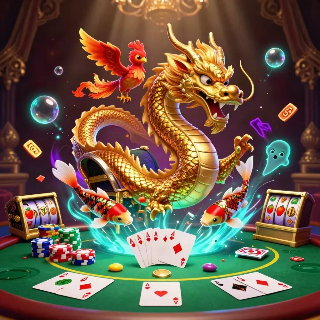 Golden dragon, phoenix, and koi over casino chips on a burgundy damask backdrop.