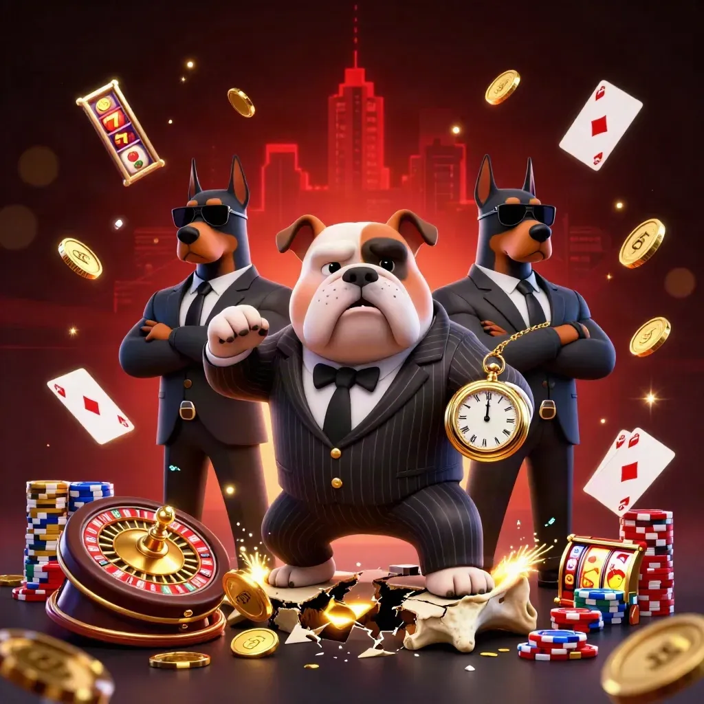 Mafia-boss bulldog and two Dobermans burst from a bone chest amid gold, gems, teal lights and chips