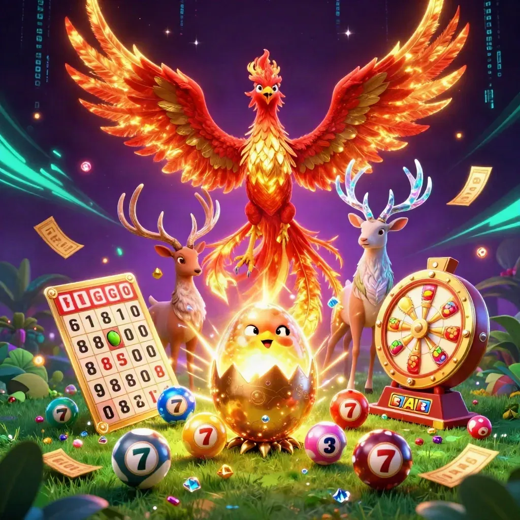 Phoenix, hatching chick, and crystal-antlered stag with casino props exploding in neon teal light.