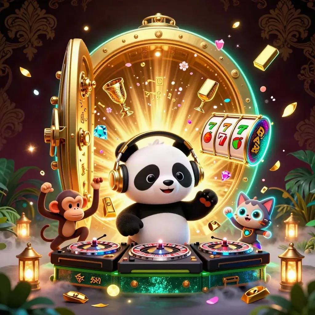 DJ panda, dancing monkey and glow-stick kitten blast open a gold vault with casino treasure.
