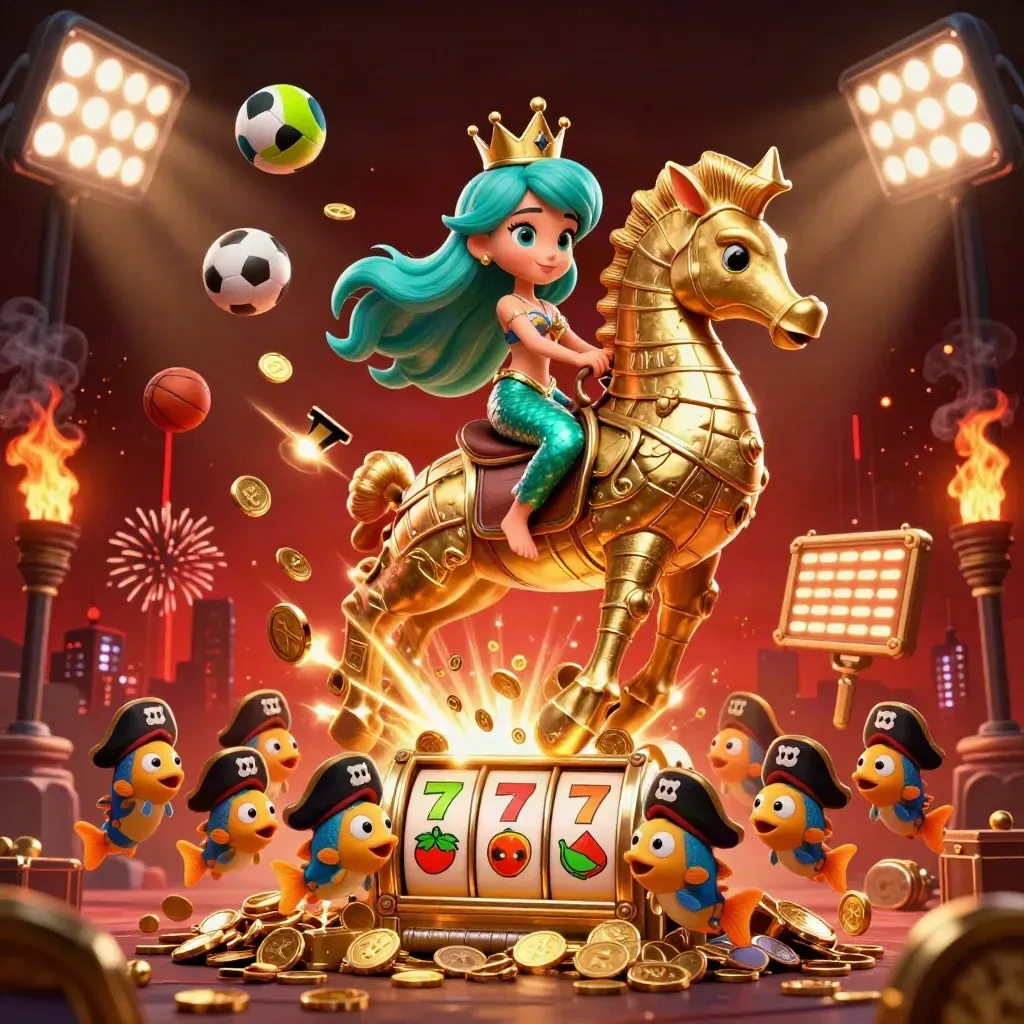 Mermaid princess on a gold-armored seahorse amid coins, sports balls, reels, and fireworks.