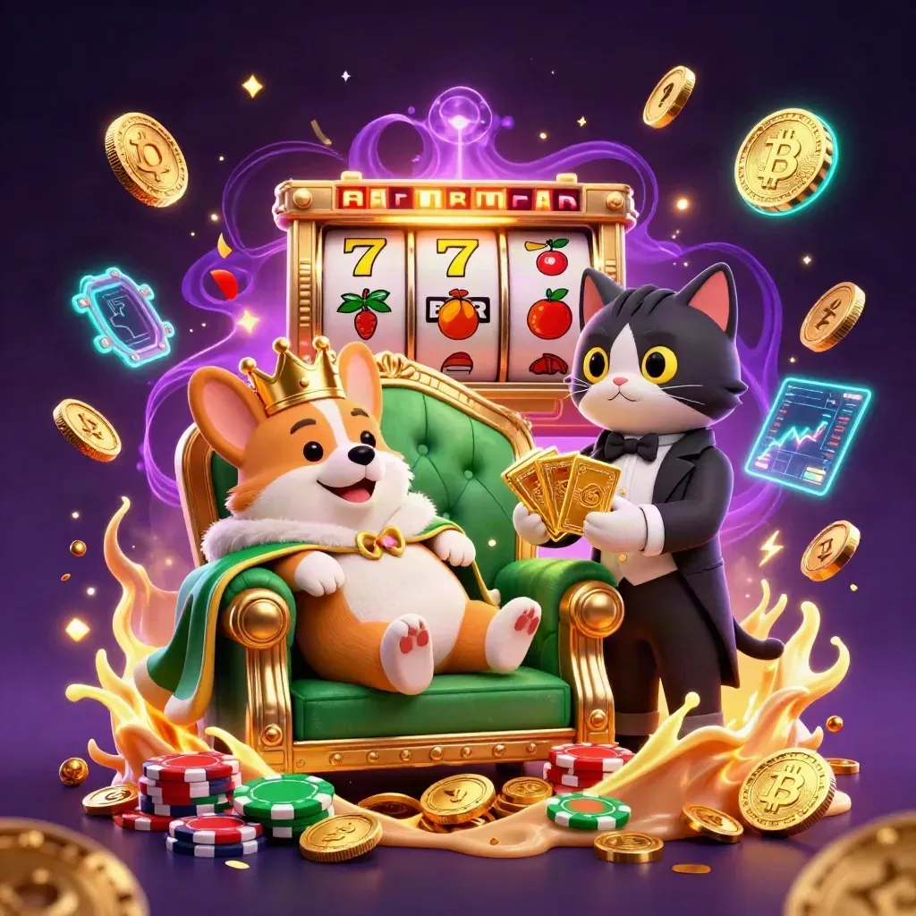 Royal corgi and cat butler amid coins, reels, crypto icons, fireworks, and a treasure burst.
