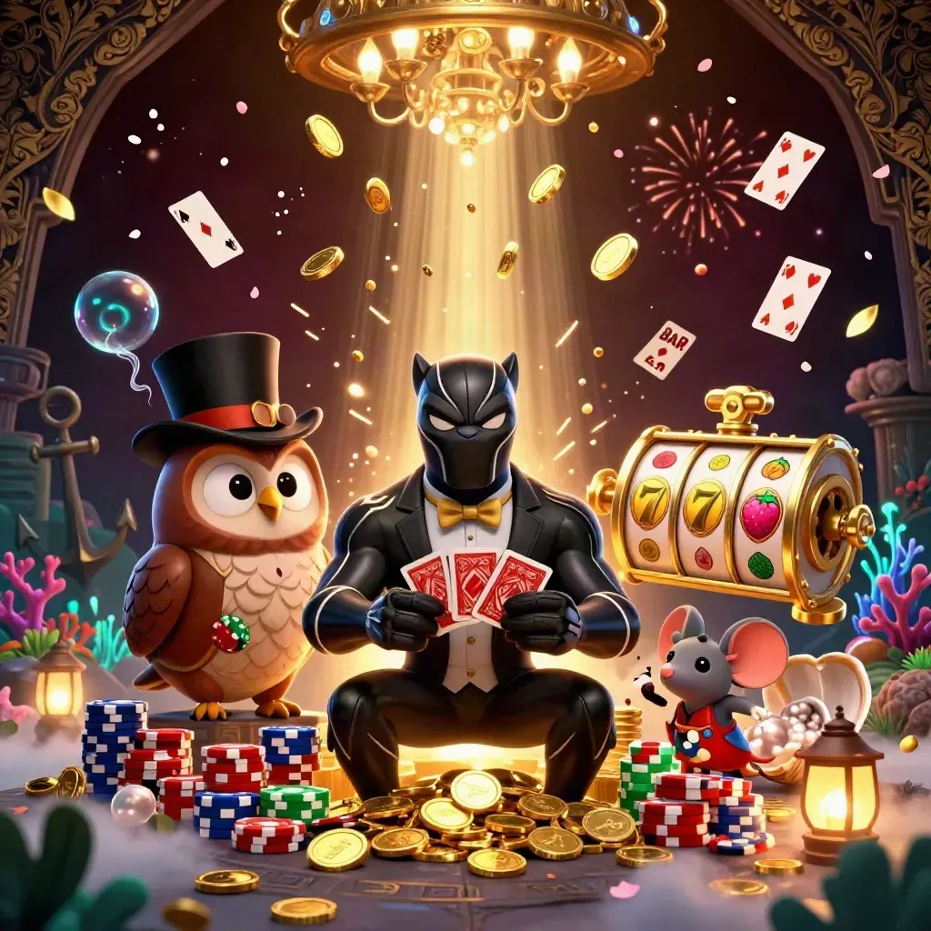 Panther, owl, and mouse amid coins, coral, reels, and fireworks in a luxury casino treasure scene.