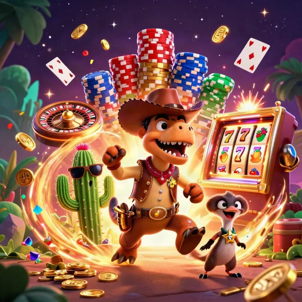 Cowboy T-Rex, cactus sidekick, and sheriff roadrunner amid coins, fireworks, chips, and slot icons.