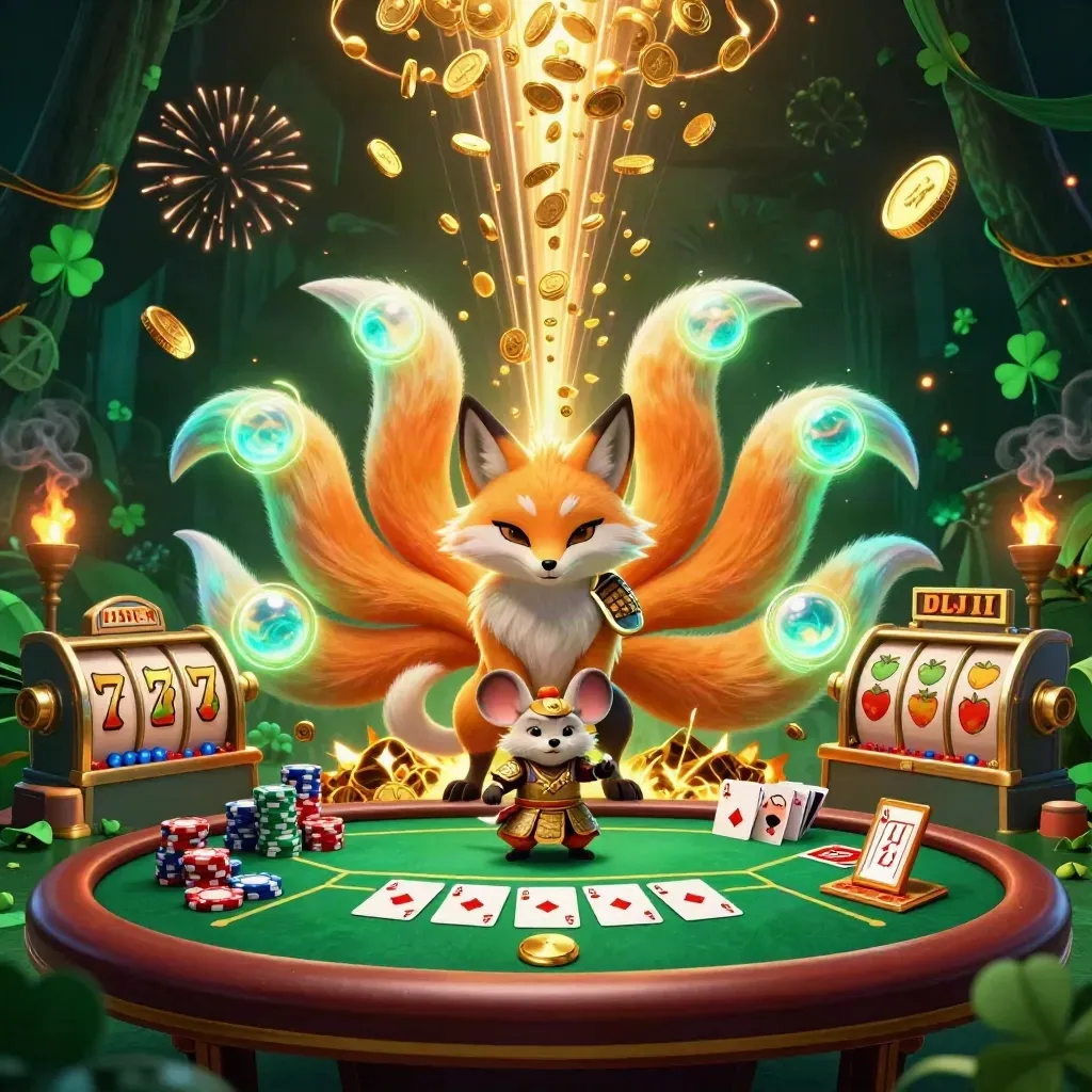 Nine-tailed fox spirit with a samurai mouse amid vault coins, poker chips, and slot reels