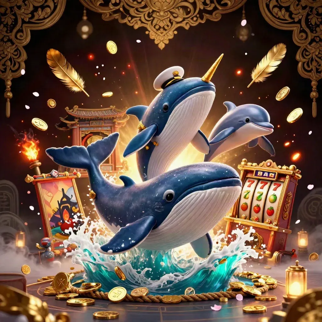 Whale captain, narwhal, and dolphins burst through coins in a luxurious casino fantasy scene.