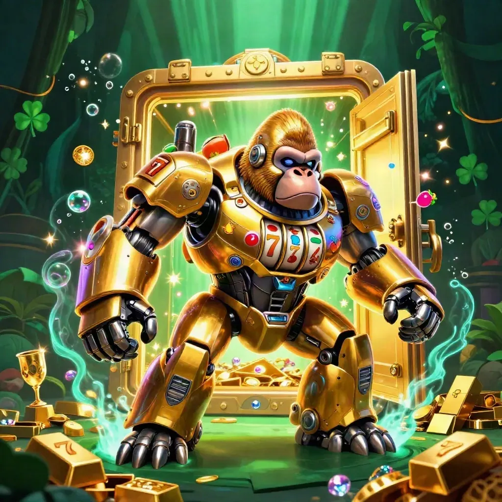 Golden gorilla slot mech with monkey pilot, vault explosion, gems, reels, and teal glow.