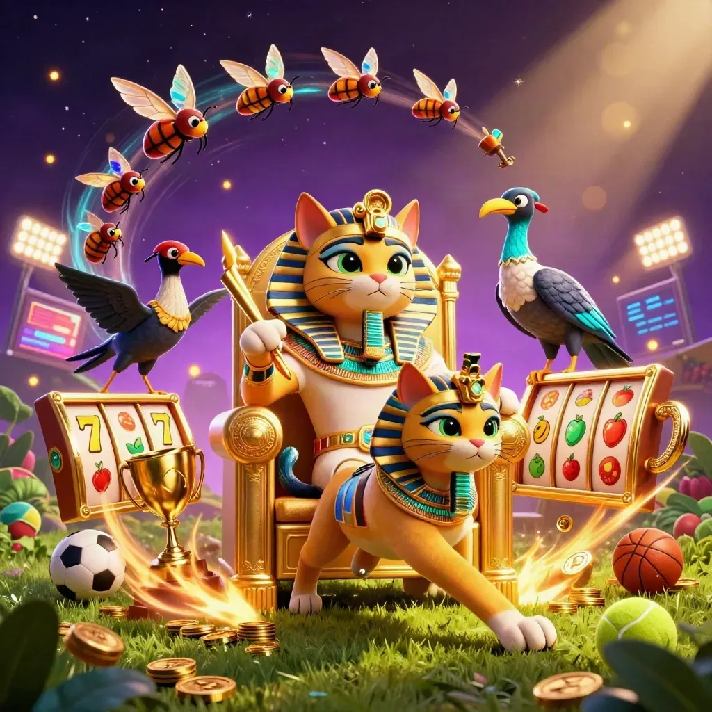 Pharaoh cat on golden throne with ibis scribe, scarabs, coins, reels, and sports balls