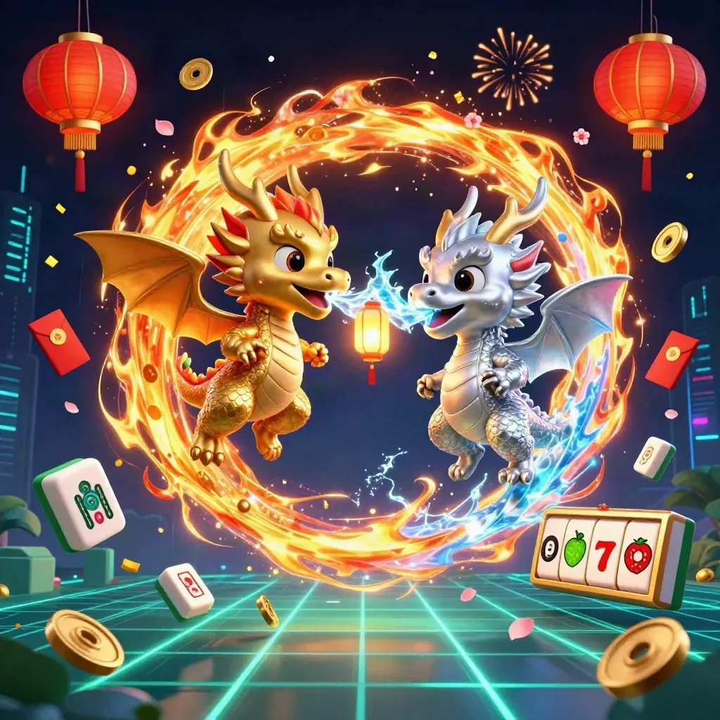 Twin gold and silver dragons spiral around a lantern spirit with casino icons and neon energy.