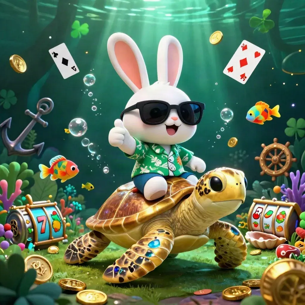 Rabbit rides a golden sea turtle amid coins, coral, cards, and glowing casino symbols.