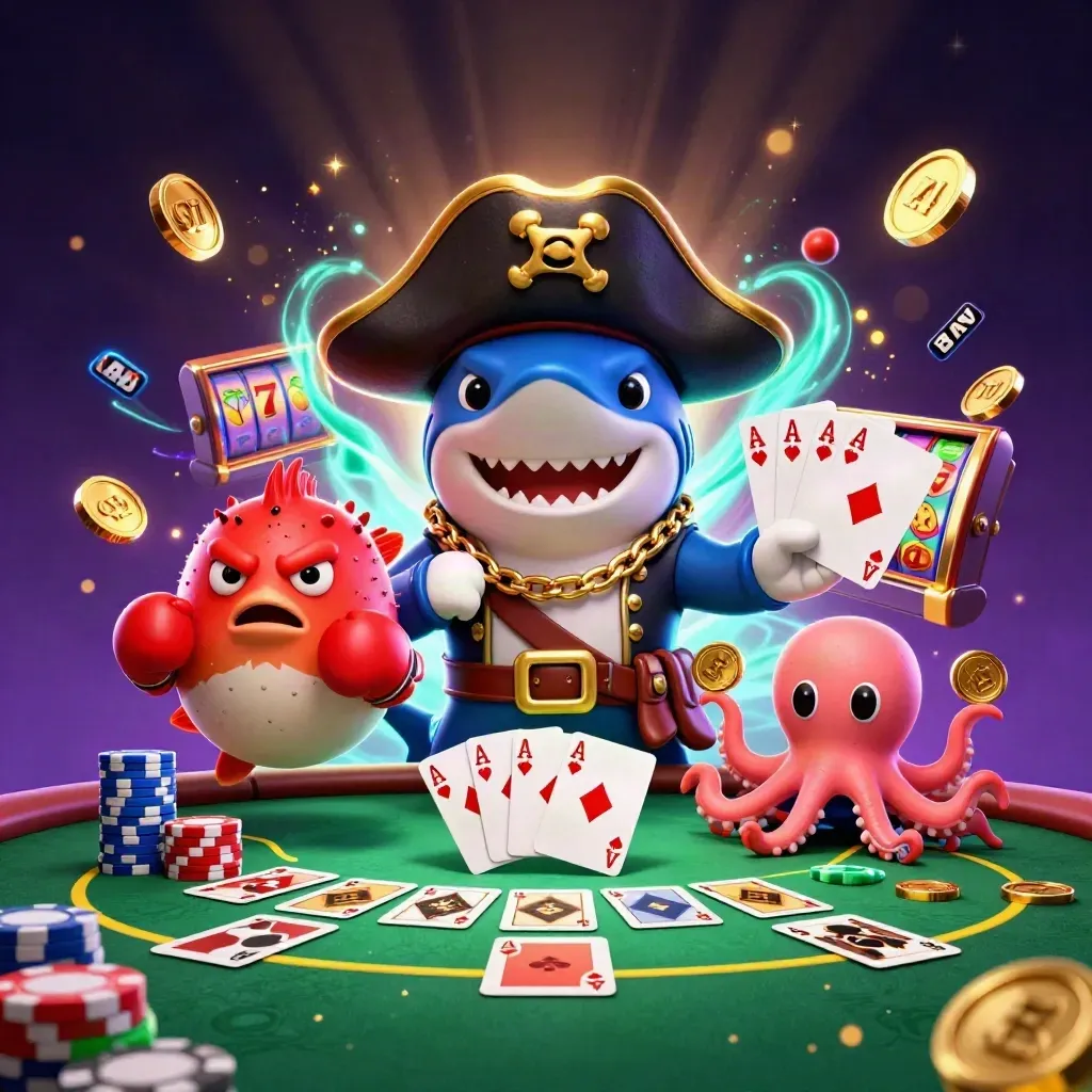 Pirate shark, boxing pufferfish, and juggling octopus amid casino chips and slot reels.