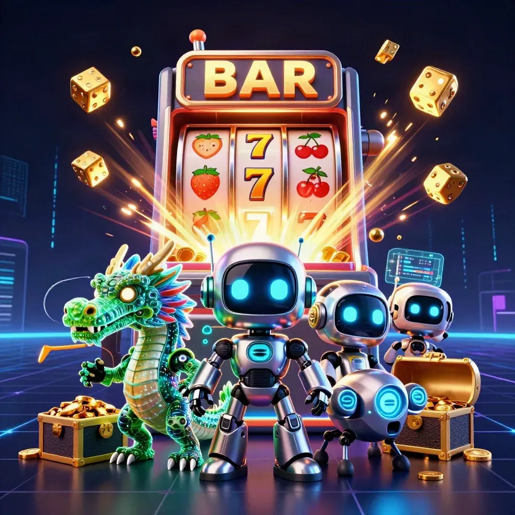 Cyberpunk robot, holographic AI dragon and coin drone amid jackpot slots, gold and neon sparks