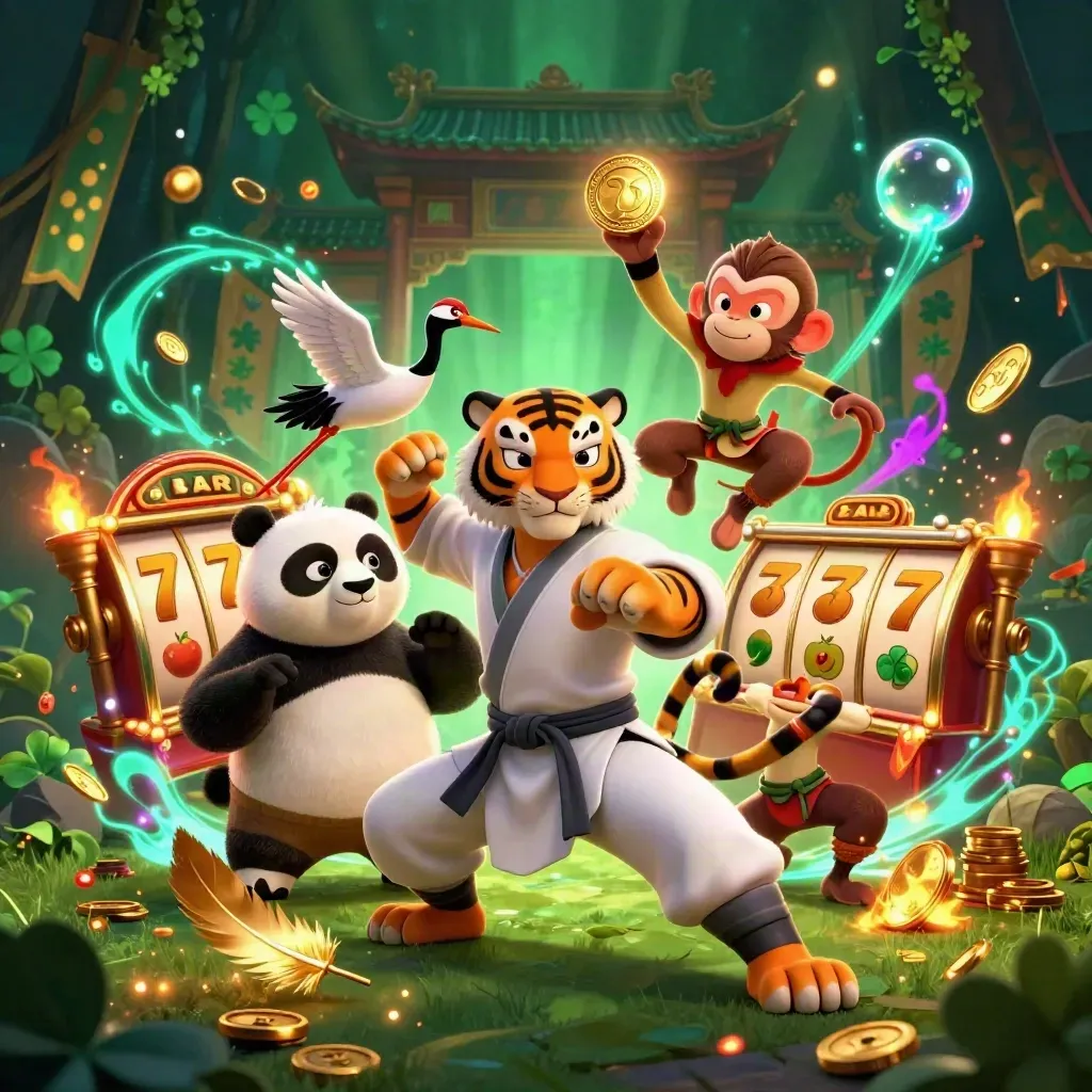 Tiger master, panda disciple and monkey thief amid gold coins, temple gate and slot reels