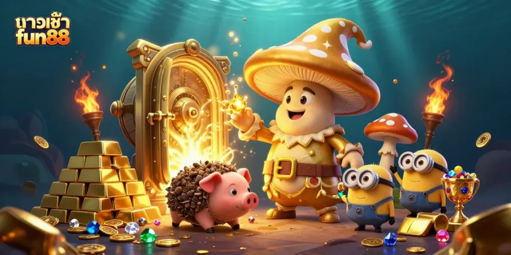 Engage with ทางเข้า fun88 in a magic-filled 3D casino scene featuring treasure and whimsical characters.