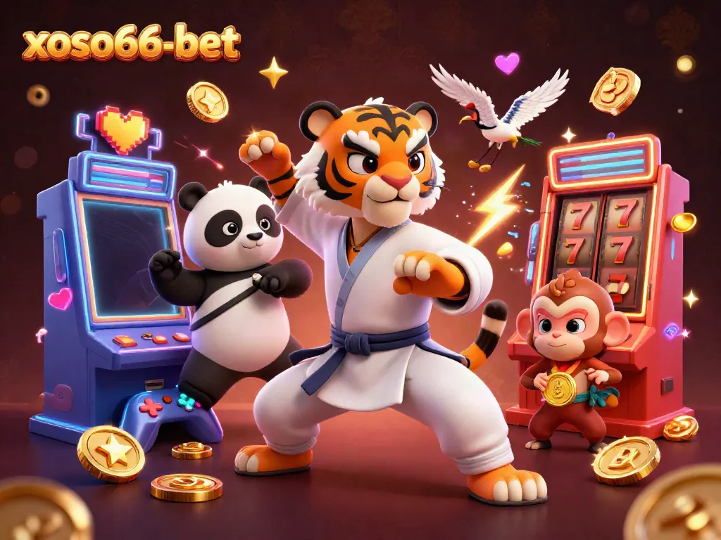 Engage in thrilling slot gaming action with xoso66-bet's vibrant illustration showcasing fun characters and exciting game elements.