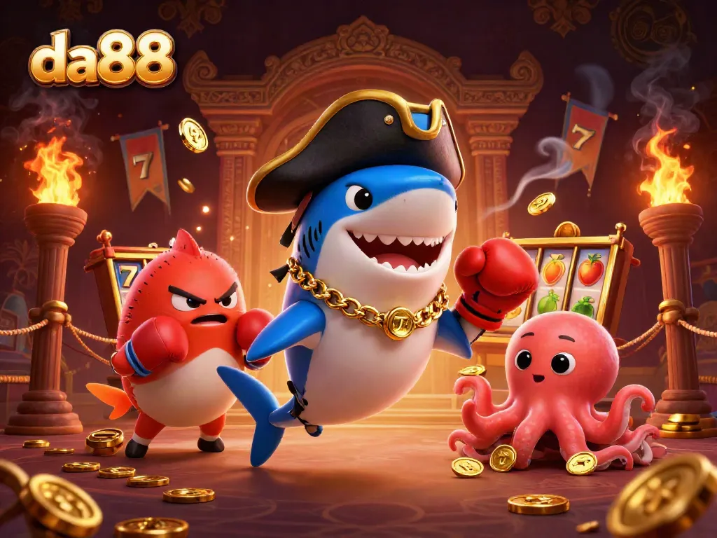Engage in thrilling action with da88 as a cartoon shark and friends showcase exciting slot games.