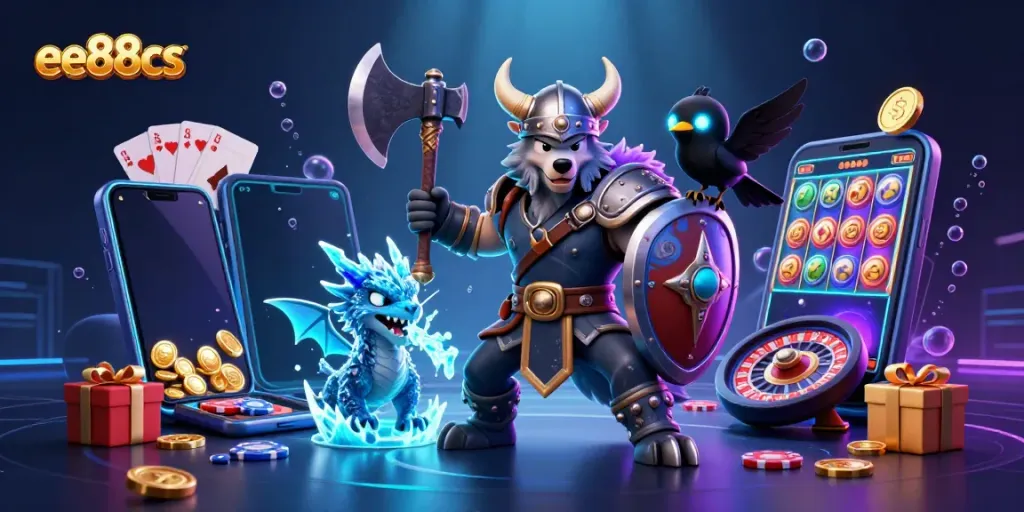 Experience the thrill of gaming with exciting visuals featuring ee88cs, a Viking wolf warrior, and dynamic casino elements.