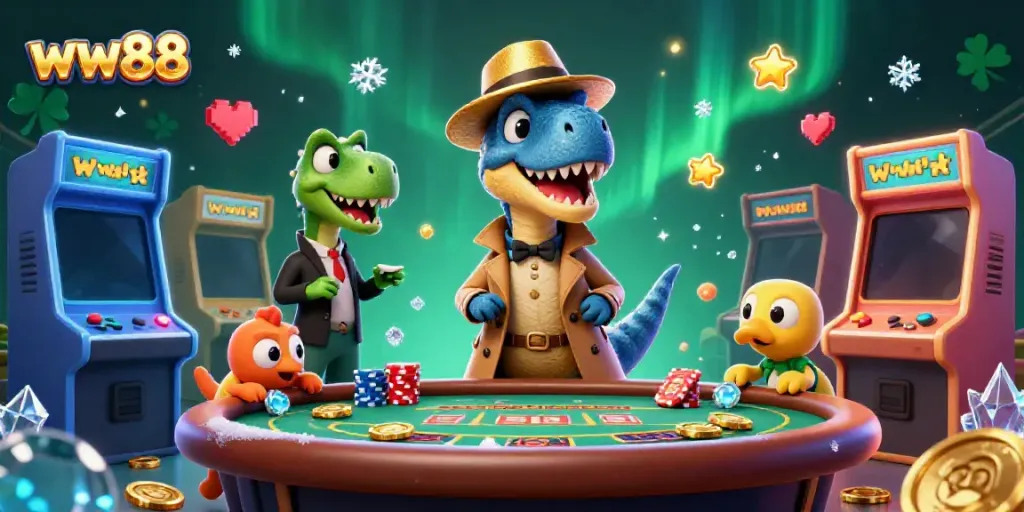 Experience thrilling blackjack with a velociraptor at ww88, a vibrant casino scene filled with excitement.