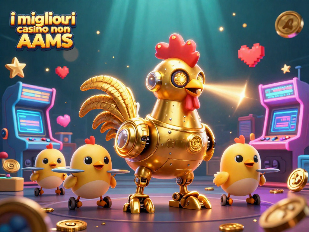 Gioca ai migliori casino non AAMS con il fantastico robot gallo d'oro in un'illustrazione vibrante e dinamica.