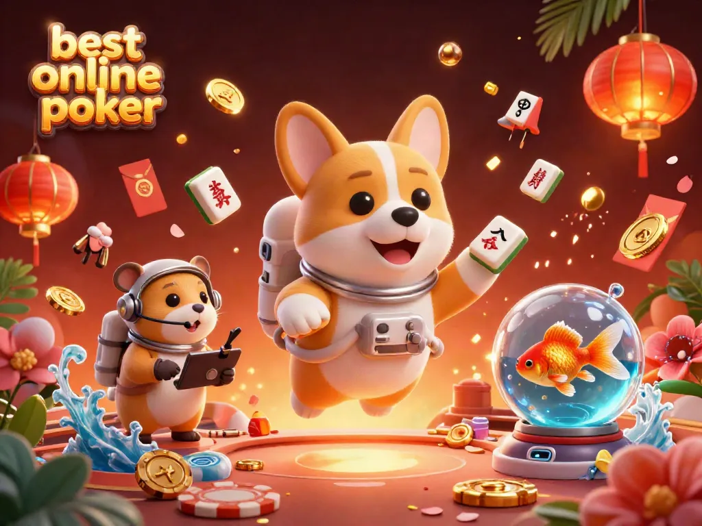 Experience the best online poker with a cartoon astronaut corgi in a vibrant space casino scene.