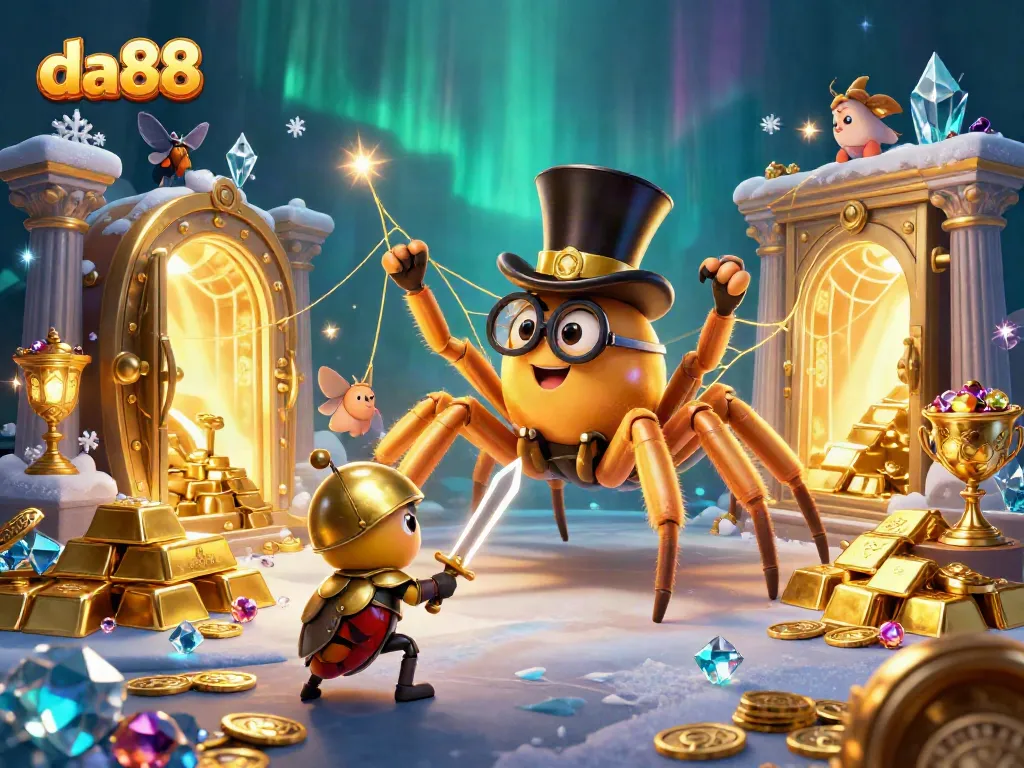 Engage with the enchanting world of da88 where a golden tarantula and a beetle knight explore a treasure-filled casino.