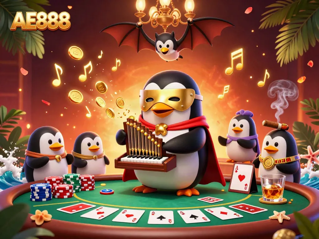 Experience thrilling moments at AE888 with a phantom opera penguin organ playing in a vibrant casino scene.