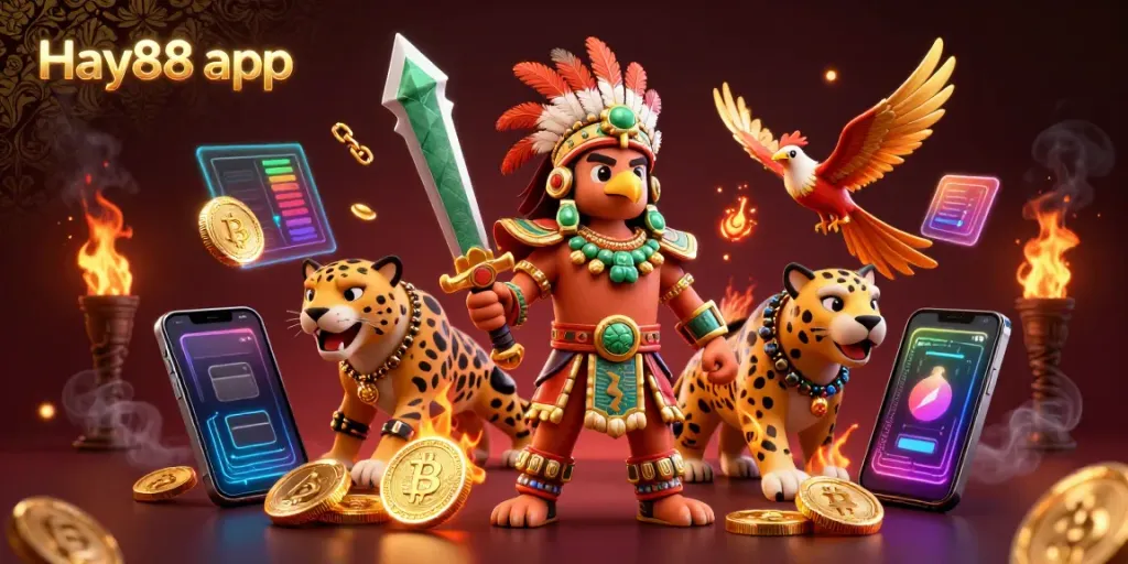 Engage with the thrilling Hay88 app experience, featuring dynamic Aztec characters and crypto elements in action.