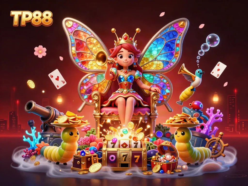 Experience the vibrant world of TP88 Casino with a colorful 3D butterfly queen and game elements.