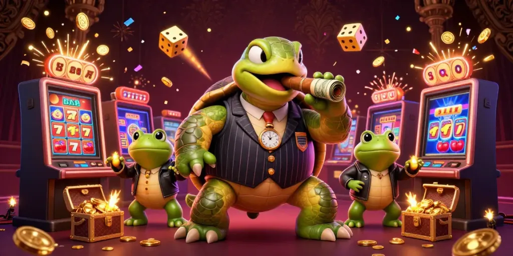 Experience top gaming action with gem88’s vibrant casino scene featuring a snapping turtle and bullfrog enforcers.