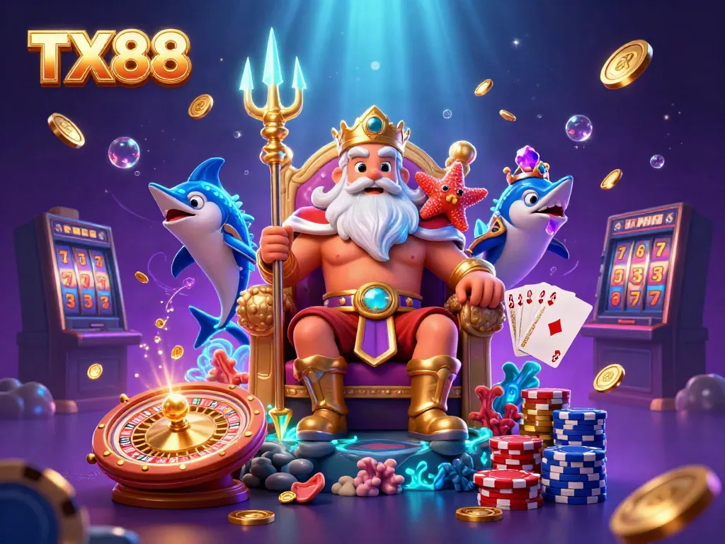 Experience thrilling online gaming at TX88 with vibrant casino-themed underwater elements.