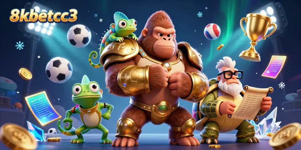 Engaging scene of 8kbetcc3 showcasing a gorilla king, chameleon, and tortoise in action with dynamic sports elements.