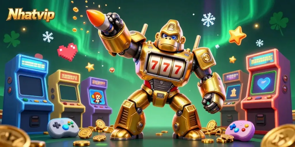Nhatvip brings gaming excitement with a golden gorilla mech, dynamic slots, and lively arcade elements.