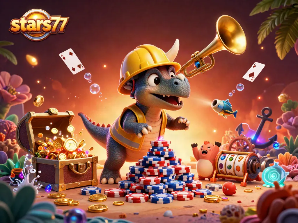 stars77 menampilkan triceratops kartun membangun piramida chip poker di dunia kasino, dikelilingi harta karun bawah laut dan elemen permainan lainnya.