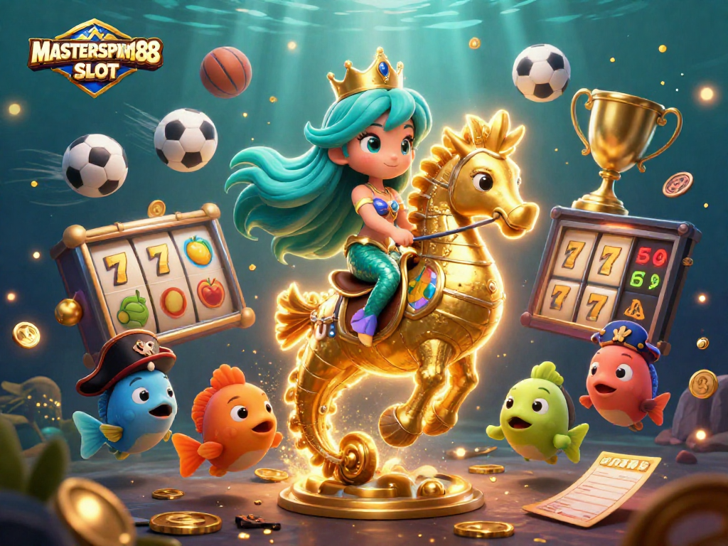 Join the fun of MASTERSPIN188 SLOT with a vibrant mermaid and seahorse in a magical casino scene.