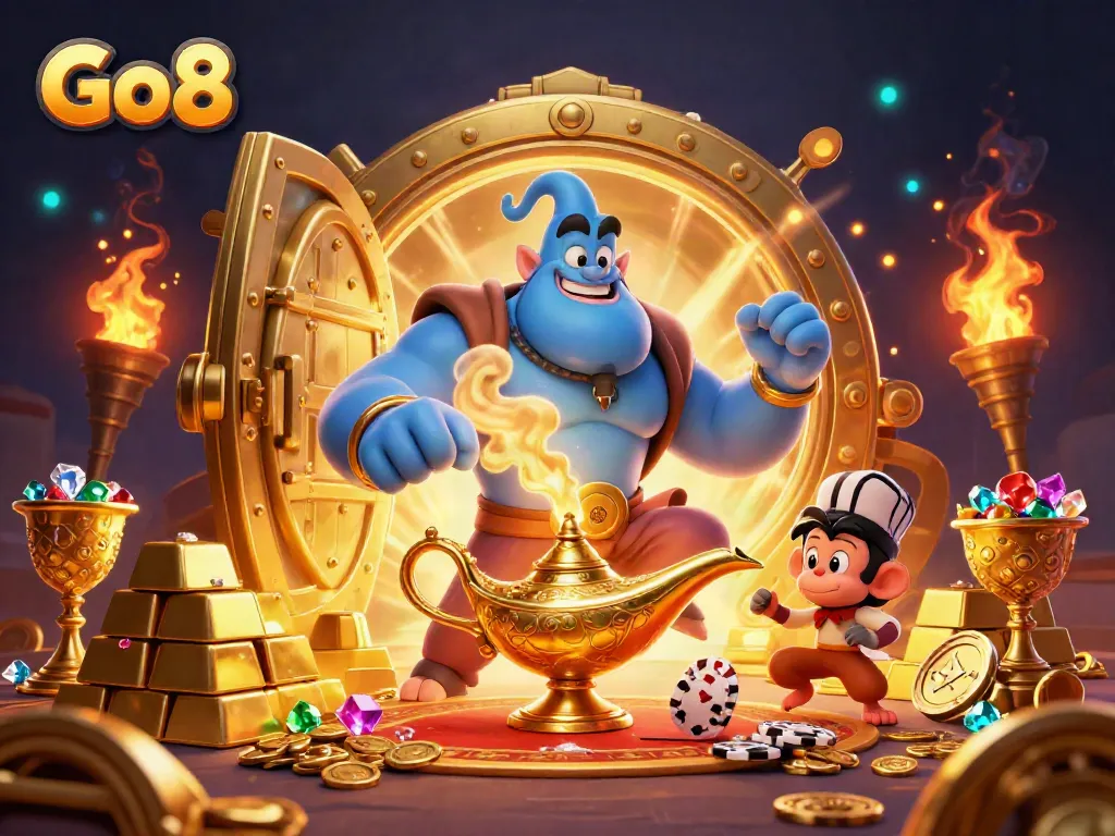 Experience the thrill of Go8 with a vibrant 3D scene of a genie, monkey, and magic carpet surrounded by sparkling casino treasures.