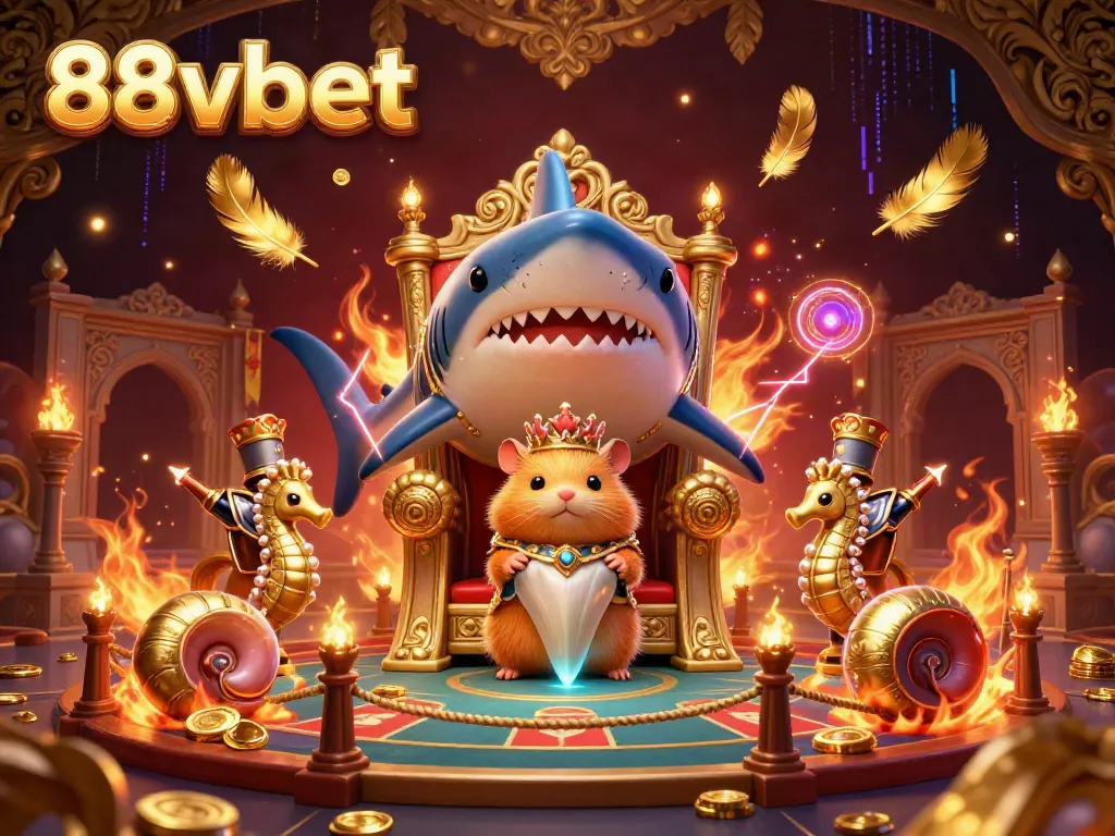 Experience thrilling gaming action with 88vbet, a vibrant scene of a hamster king on a megalodon throne in a dynamic casino setup.