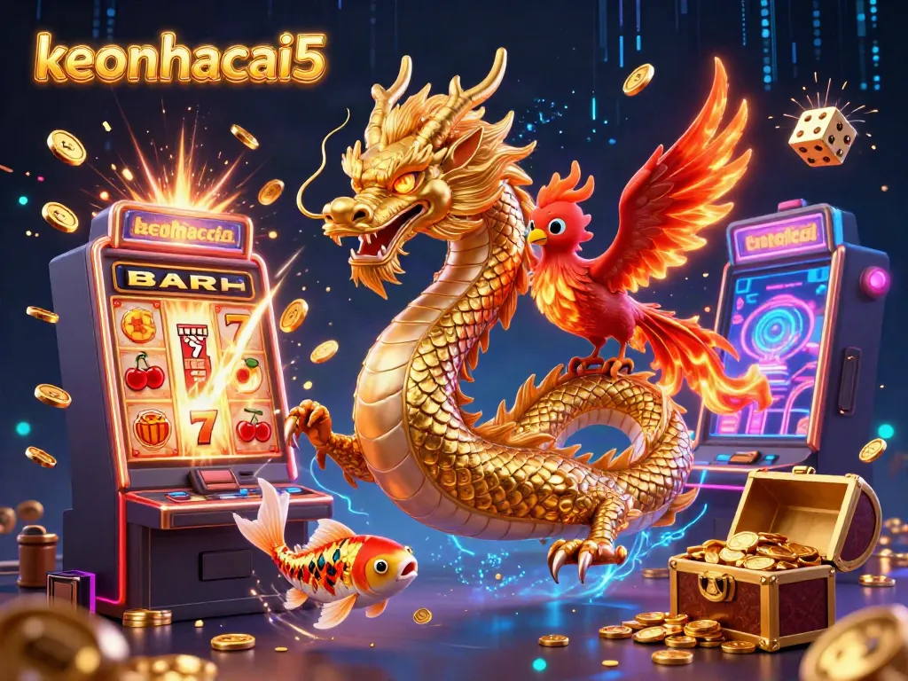 Engage with keonhacai5 as an ultra-detailed 3D illustration of a golden dragon, phoenix, and koi fish amidst casino elements.