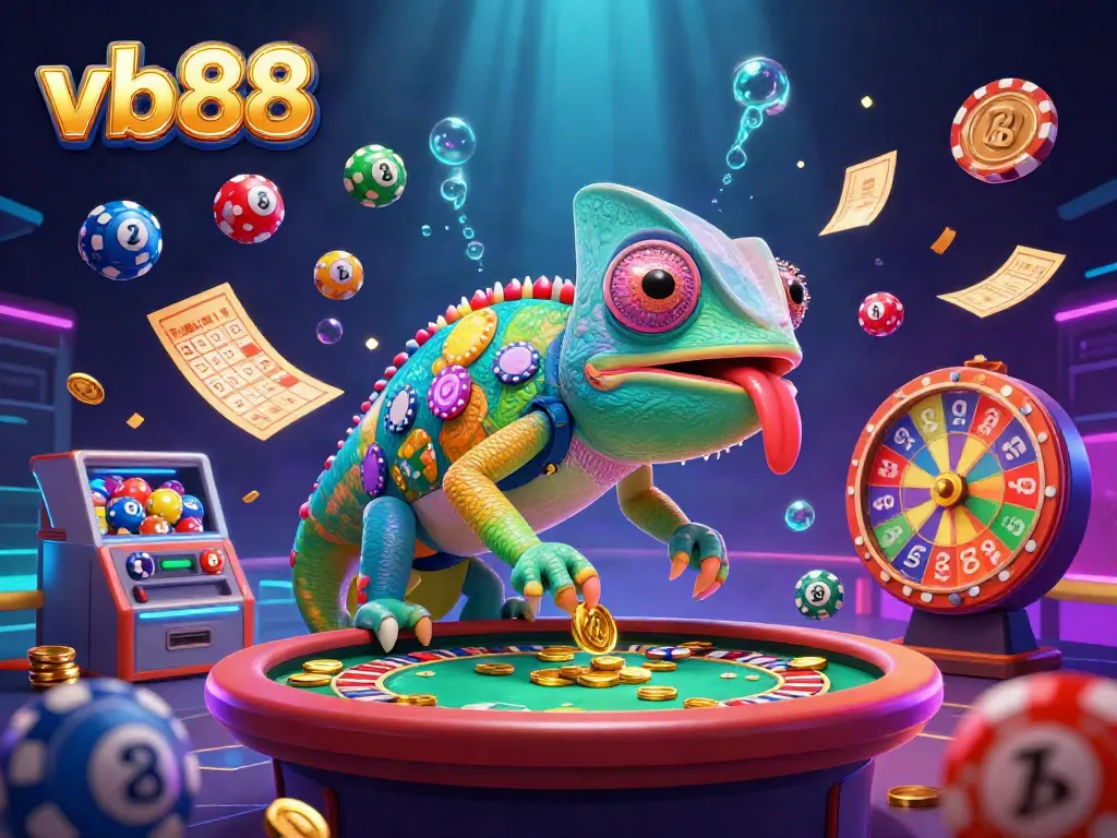 Experience the thrill of vb88 with an energetic 3D casino scene featuring a colorful chameleon and vibrant game elements.