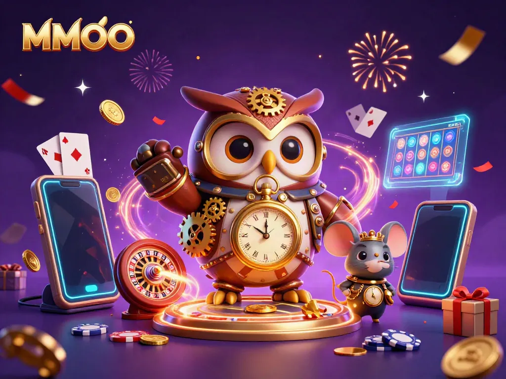 Engage in the thrilling world of MMOO with a vibrant steampunk casino scene featuring an owl and a clockwork mouse.