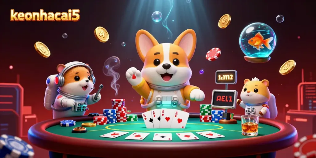 Experience the thrill of keonhacai5 with a floating astronaut corgi amid casino excitement.