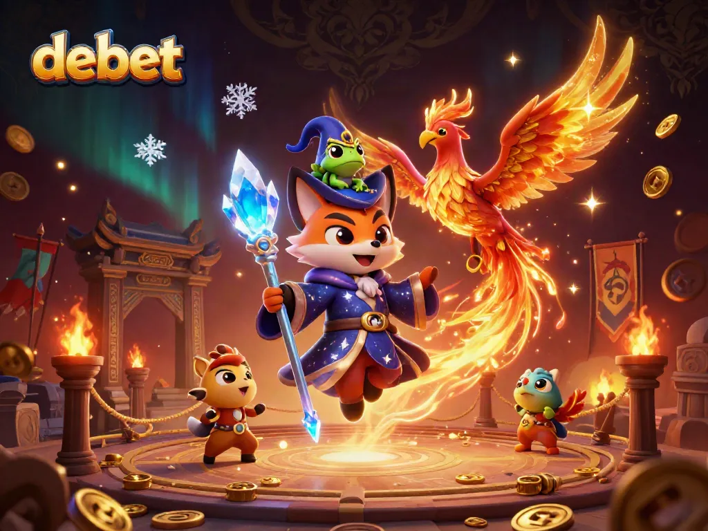 Experience the magic of debet with a vibrant 3D illustration depicting a wizard fox and phoenix amidst a dynamic gambling scene.