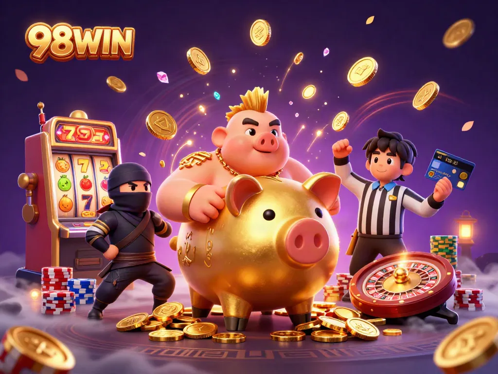 Witness the exciting 98WIN casino scene with dynamic characters and vibrant gaming elements.