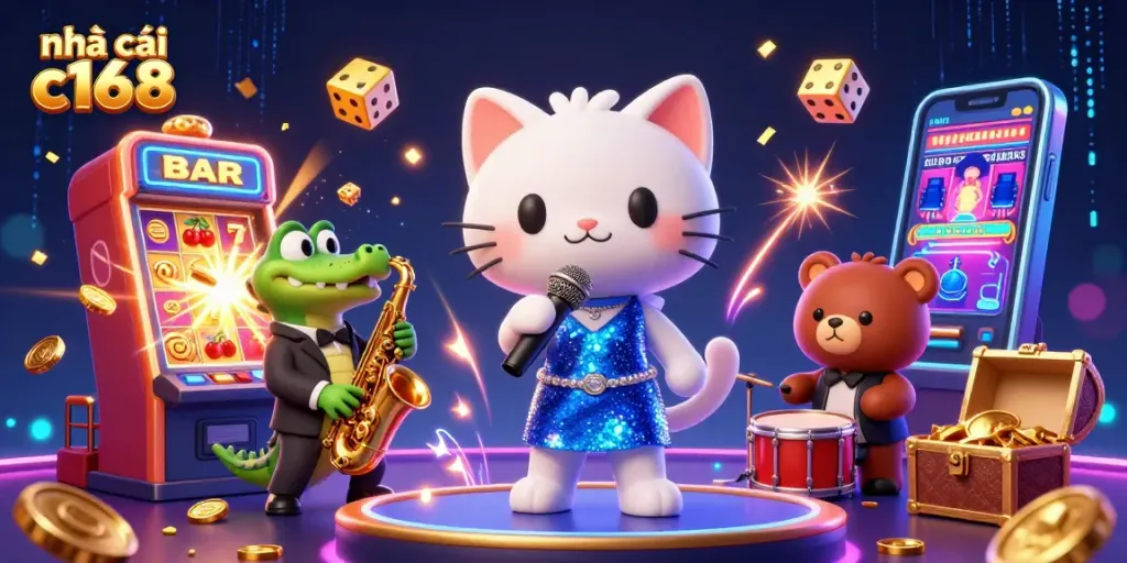 Engage with nhà cái c168 at a vibrant casino scene showcasing a jazz-singer cat, saxophone crocodile, and drum bear, surrounded by dynamic gaming elements.
