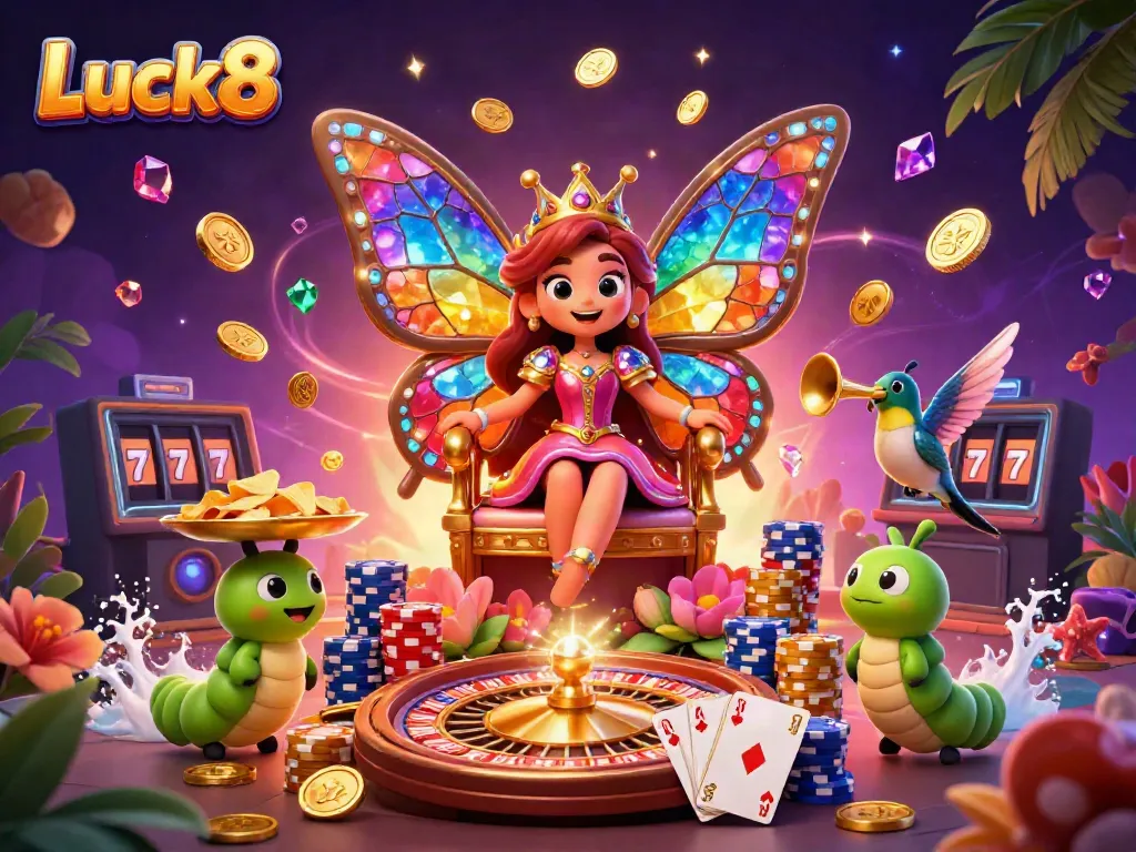 Experience exciting gameplay at Luck8 with a vibrant butterfly queen amidst casino elements.
