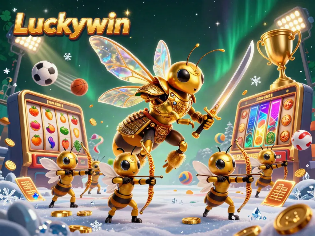 Experience the thrill of Luckywin with a vibrant 3D illustration featuring a golden hornet and exciting casino elements.