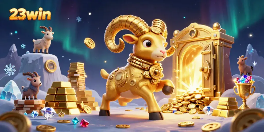 Experience the thrill of 23win with vibrant visuals of a charging golden ram amidst treasures.