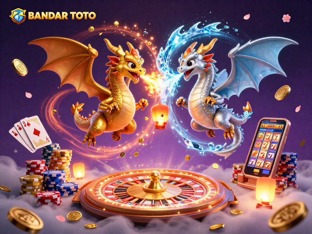 BANDAR TOTO engages players with a dynamic casino scene featuring dragons, coins, and games.